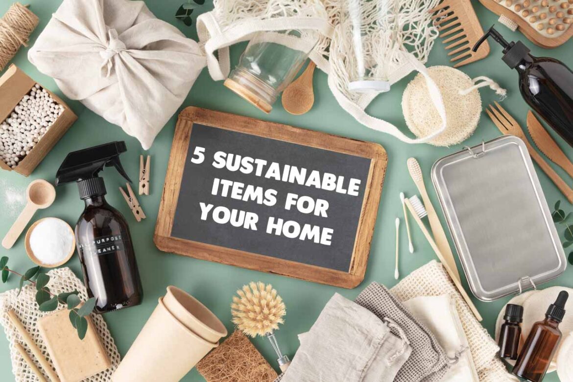 Set of eco-friendly tableware and cleaning products on pastel bl 5 sustainable items for your home